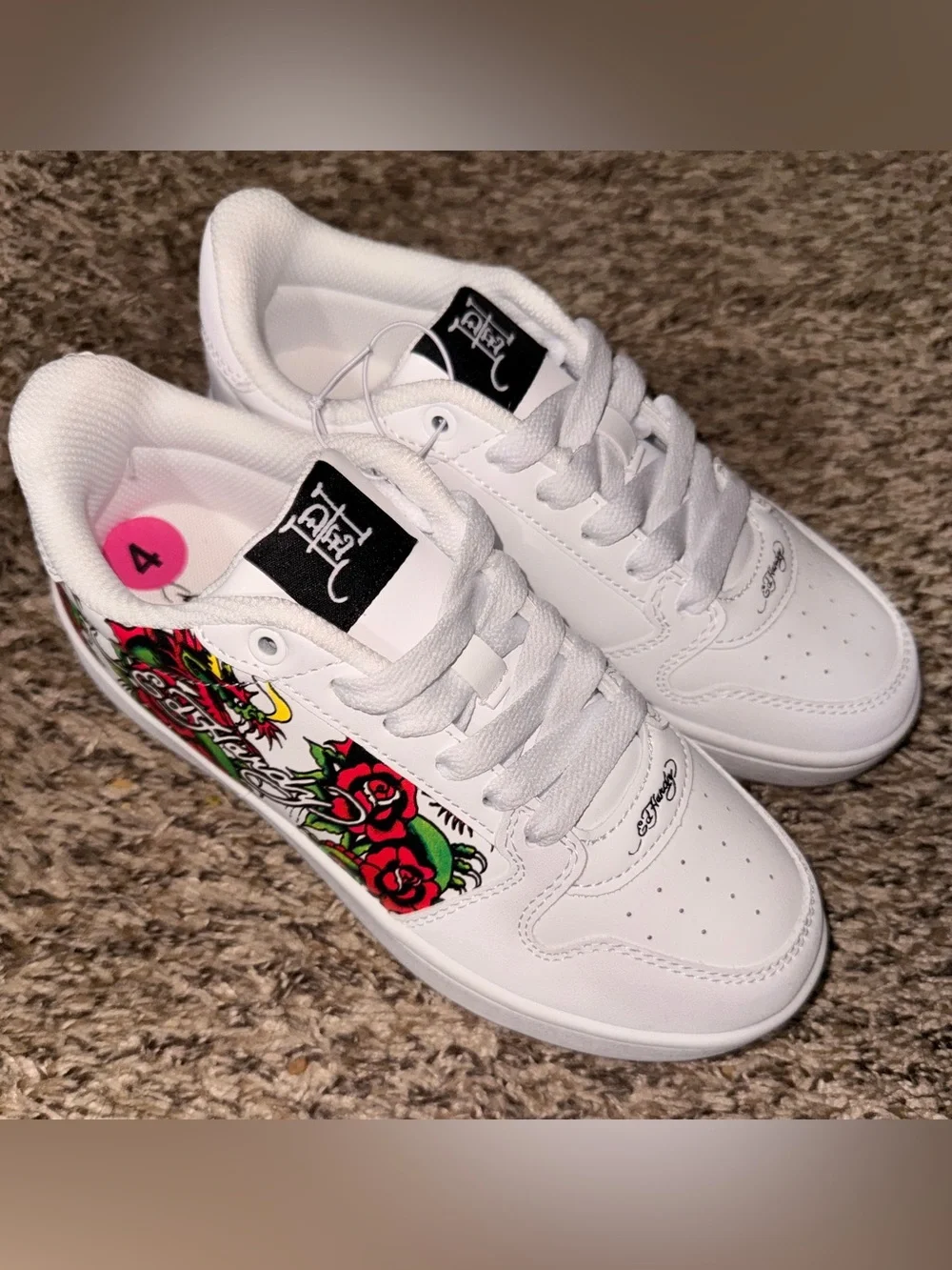 Ed Hardy White Sneakers with Red Rose and Green Leaf Side Art